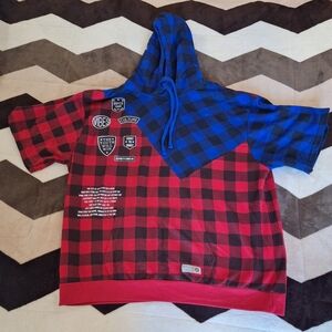 Vintage Enyce Plaid Red Blue Black Short Sleeve Hooded Sweatshirt Men's Size 5XL